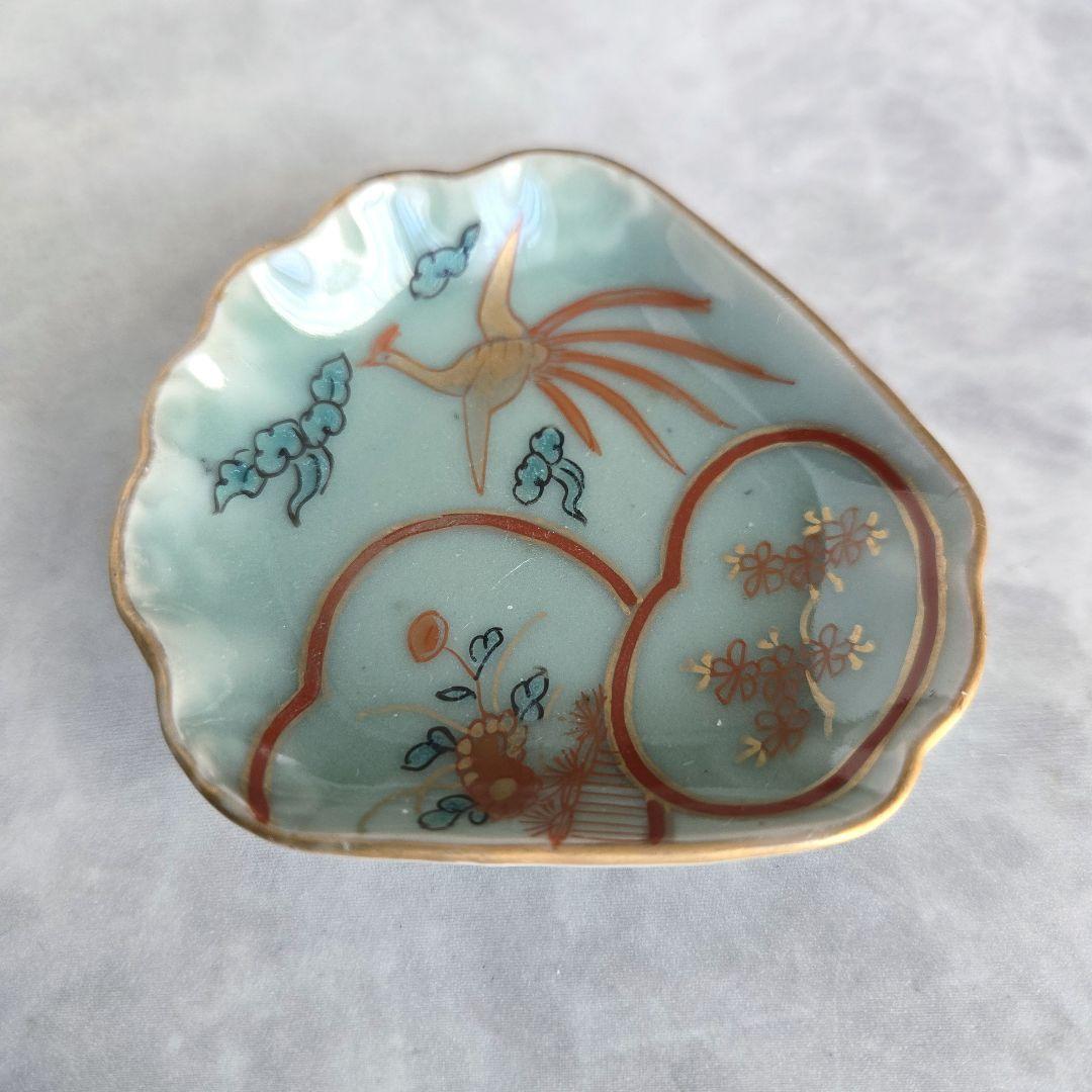 古伊万里　青磁　変形　小皿　豆皿　貝　赤絵　金彩　江戸時代　金直し　金継ぎ　骨董