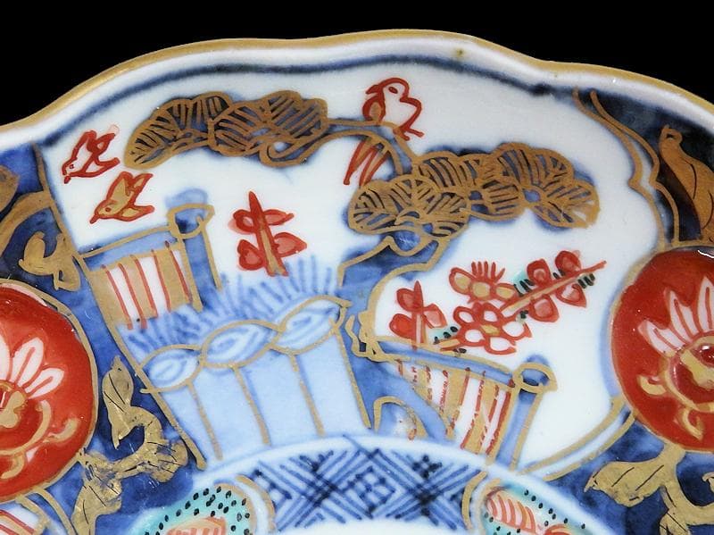 古伊万里　金襴手　花鳥紋に松竹梅の図　４寸皿　５枚　C071AS-CQj