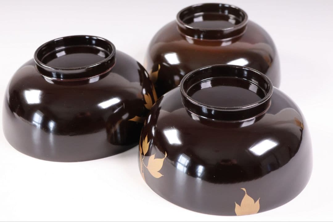 【CM415】訳あり 時代輪島 蝶と牡丹 黒塗椀 三客 天然木漆塗 明治大正