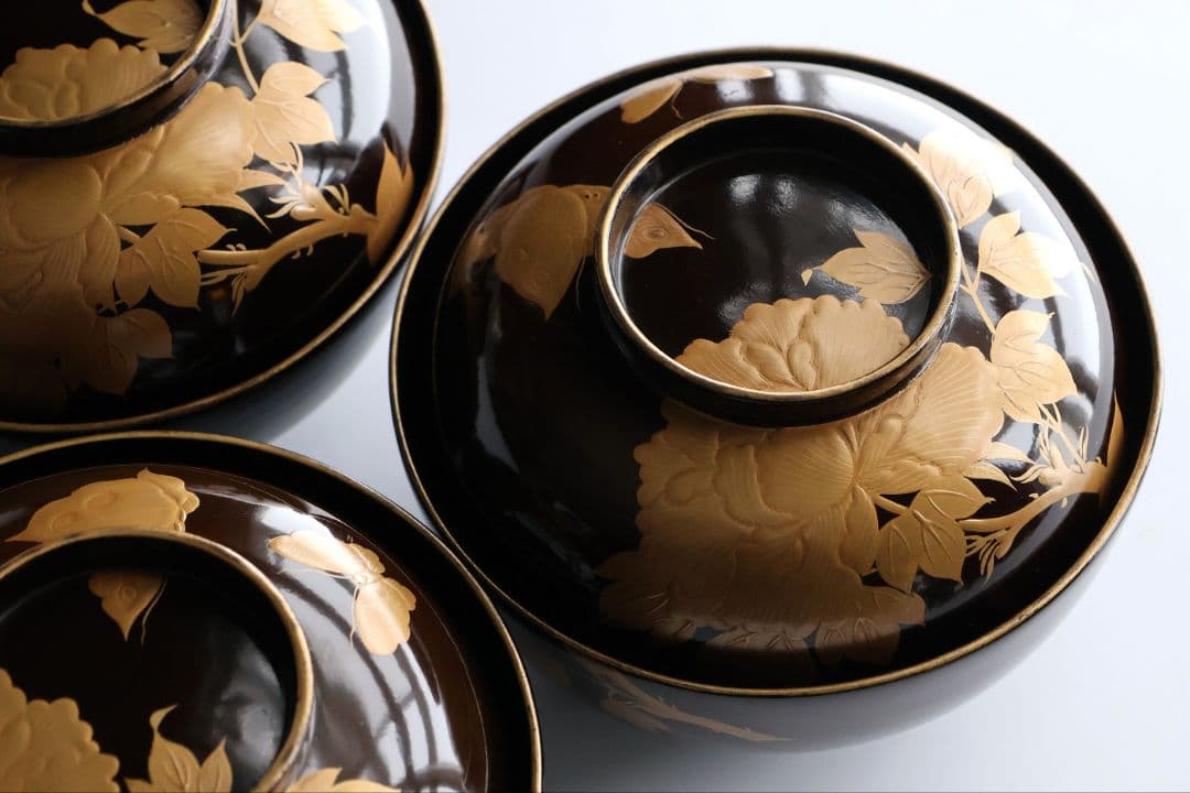 【CM415】訳あり 時代輪島 蝶と牡丹 黒塗椀 三客 天然木漆塗 明治大正