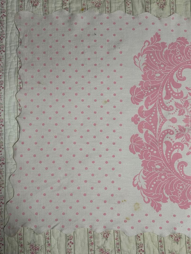 ヴィンテージアンティーク布　ピンク　水玉　テーブルクロス