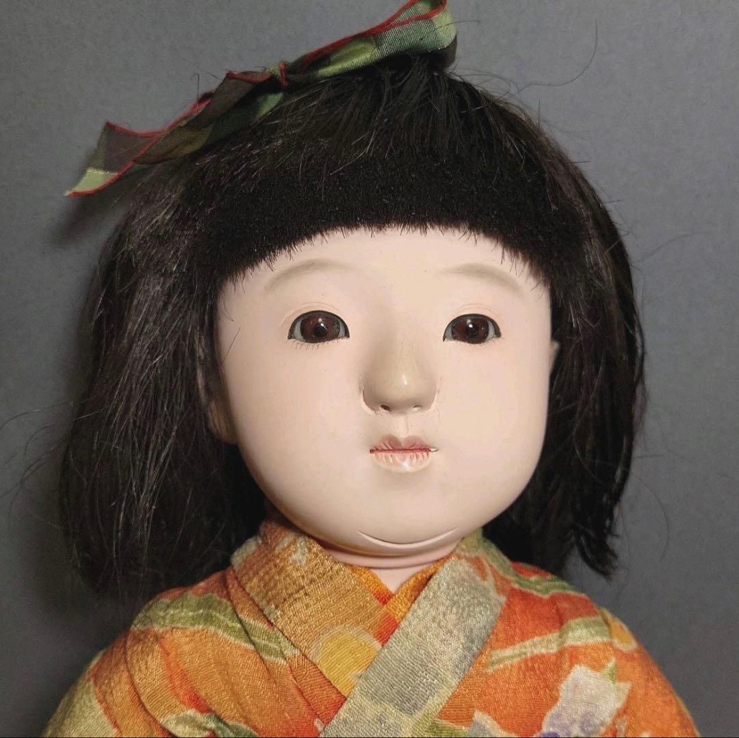 【市松人形　國光作】リボンの女の子　ガラスケース入　宅急便発送