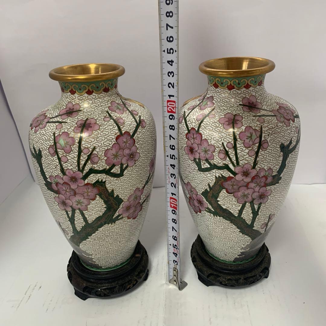 中国美術　七宝焼　花鳥花瓶一対　木台付き　送料込み