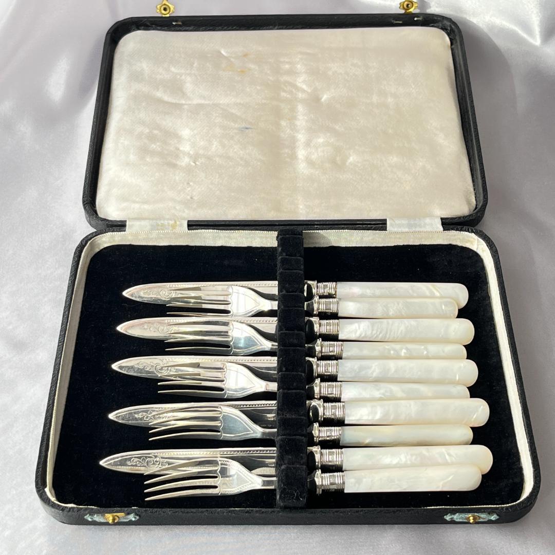 【英国 】【白蝶貝 / 純銀継手】ビクトリアン デザートセット10本 1921年