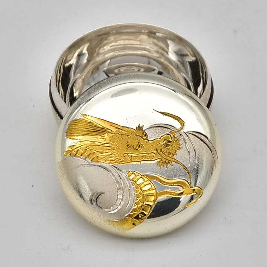 美品 純銀 ボンボニエール 香合 金象嵌 刻印 龍文様 辰 龍神様 共箱 48g