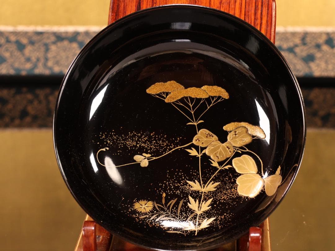 BK427　時代輪島塗　秋乃図金蒔絵　吸物椀　五客　木製　茶 懐石 菓子　螺鈿