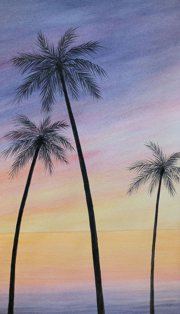 癒しの水彩画　南国の夕暮れ