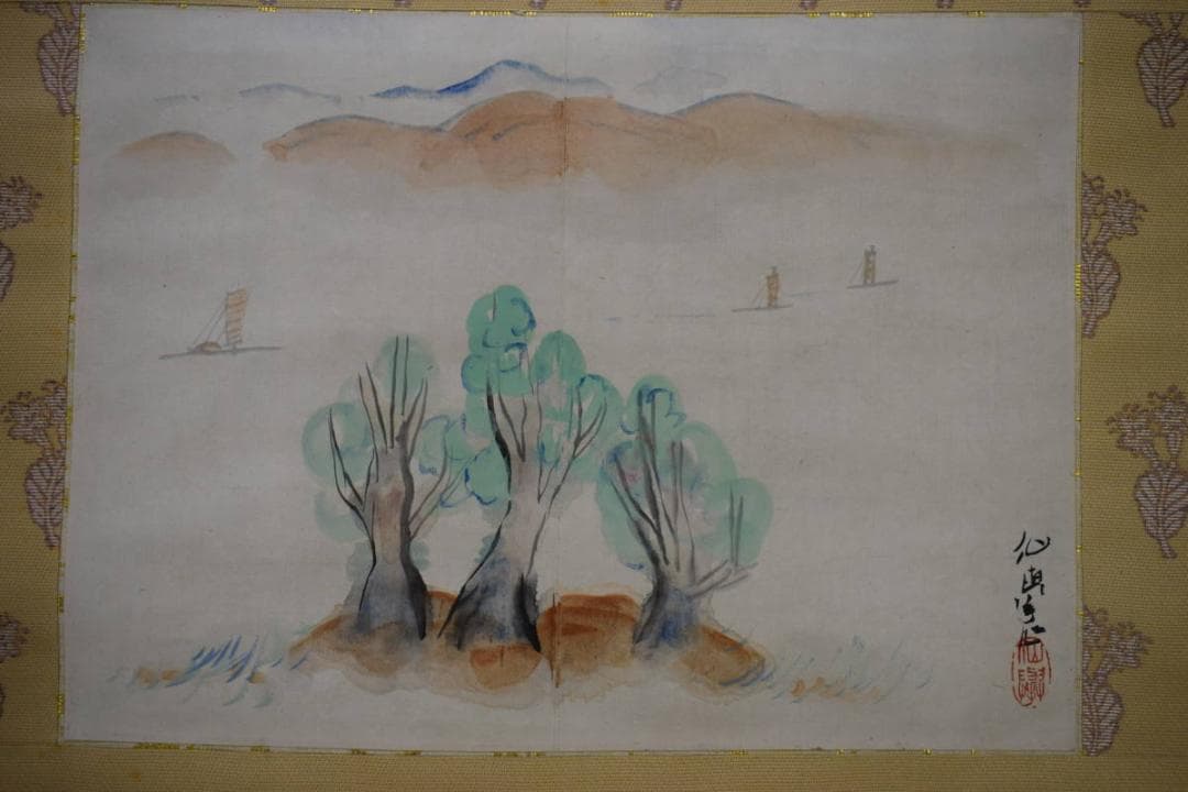 真作/松本仙挙/山水帆船図/布袋屋掛軸HJ-562