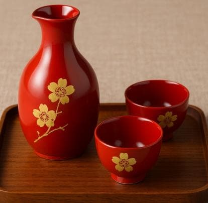 朱塗り桜蒔絵酒器三点セット