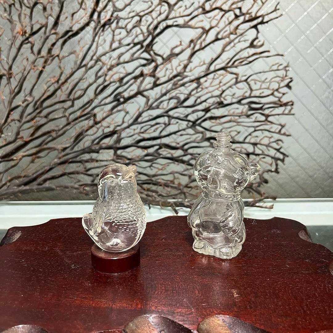 骨董　時代ガラス　プレスガラス　雀型　小鳥モチーフ　金平糖？香水瓶？ウランガラス