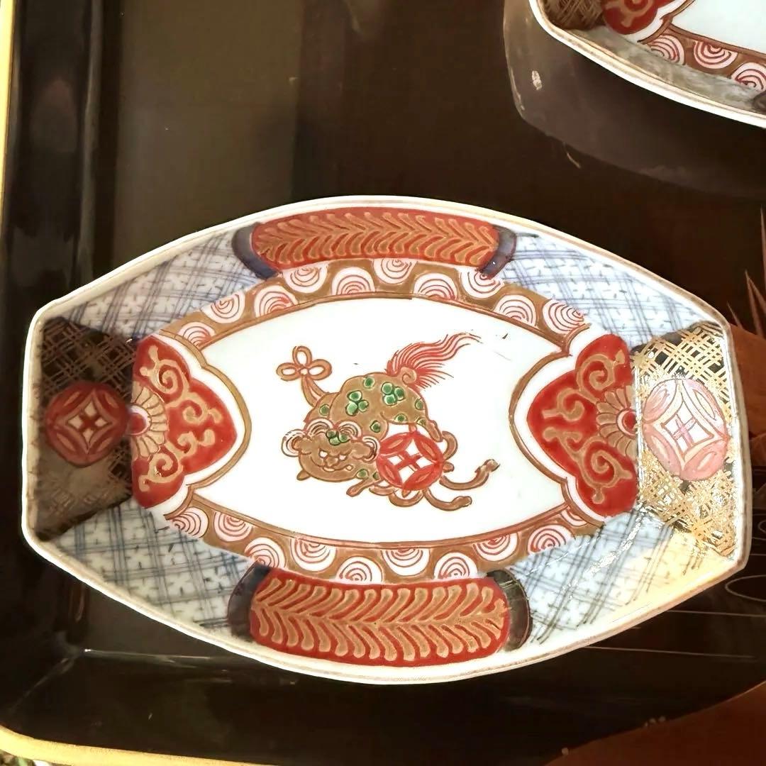 超限定15日20時迄‼️上手伊万里唐獅子牡丹富貴繁栄の舟形膾皿切支丹皿刺身皿 5客