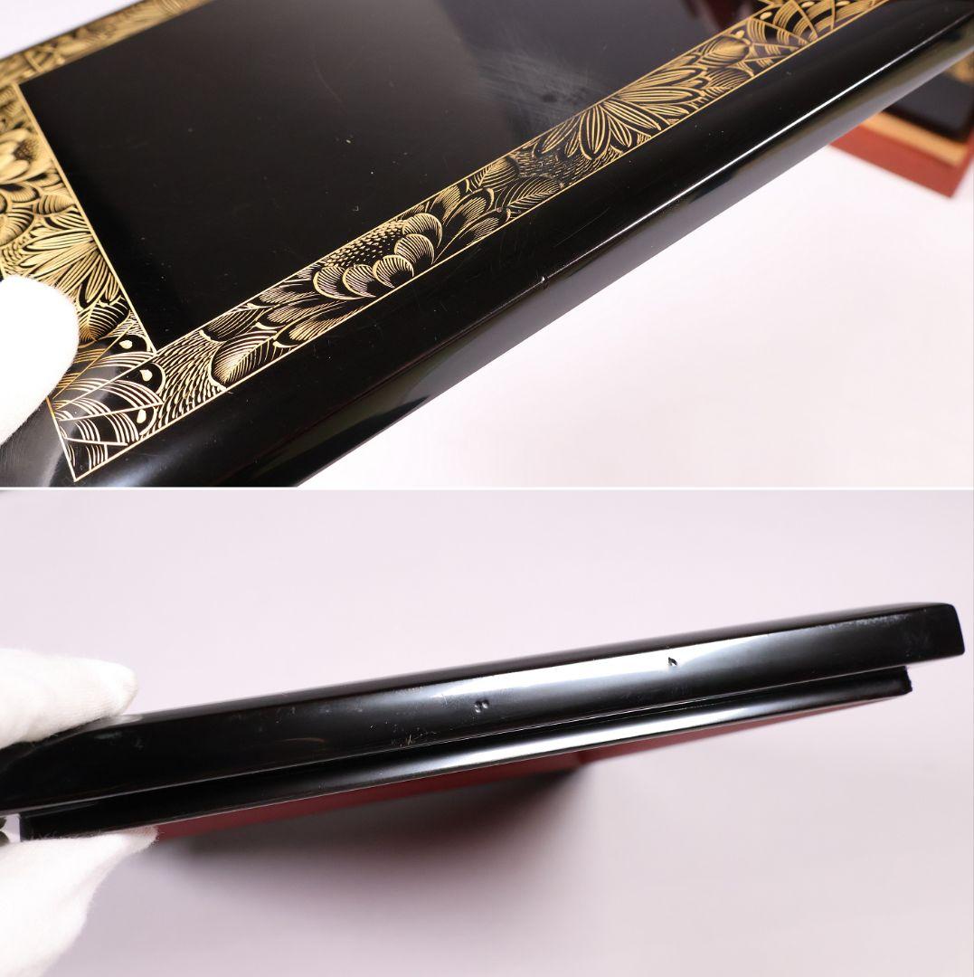 輪島塗 沈金 菊花 五段重箱 蓋2枚 黒塗 内朱塗 木製漆器 漆芸【MB56】