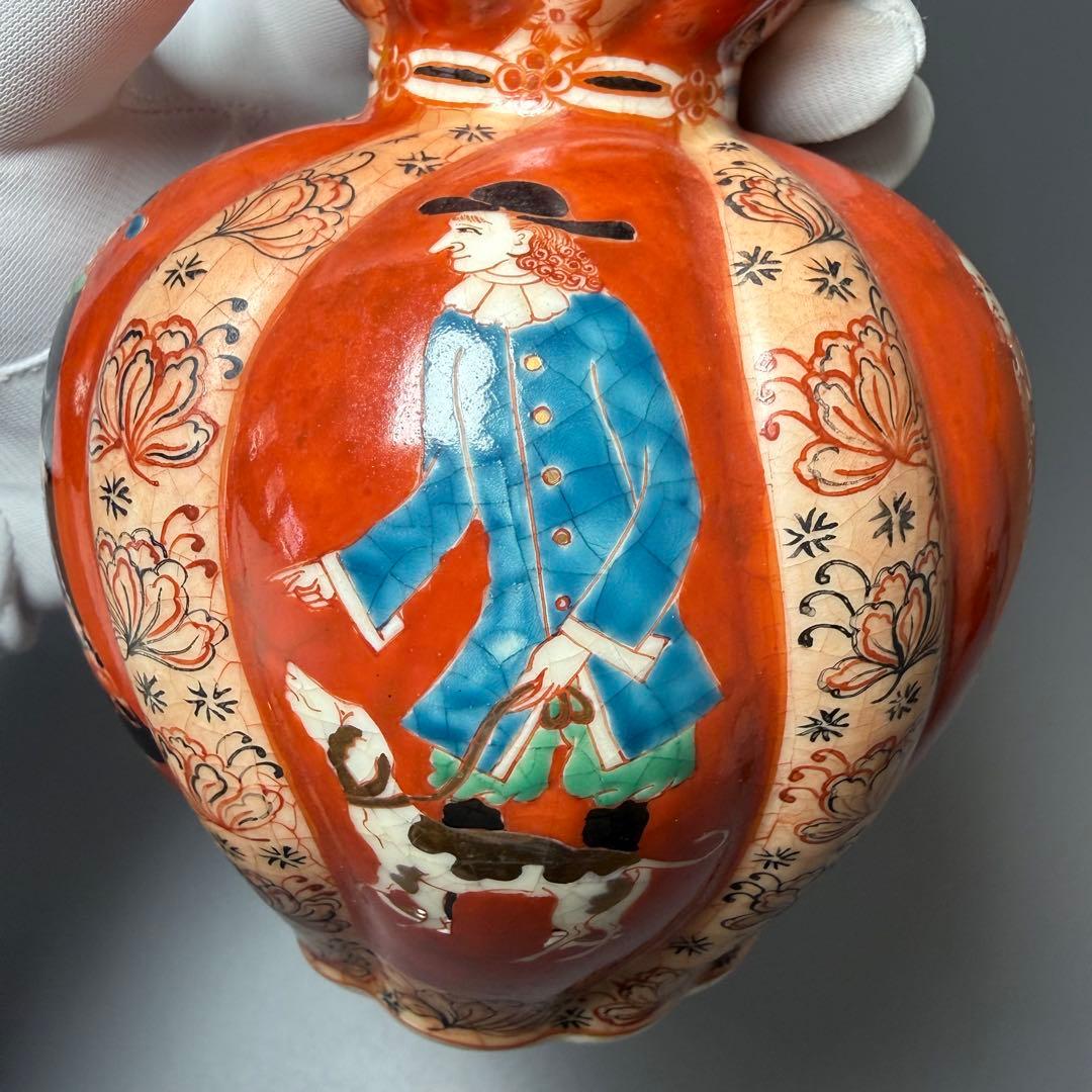 幕末〜明治期　アンティーク薩摩　異人図祥瑞瓢箪形花瓶　箱　布　里帰り品