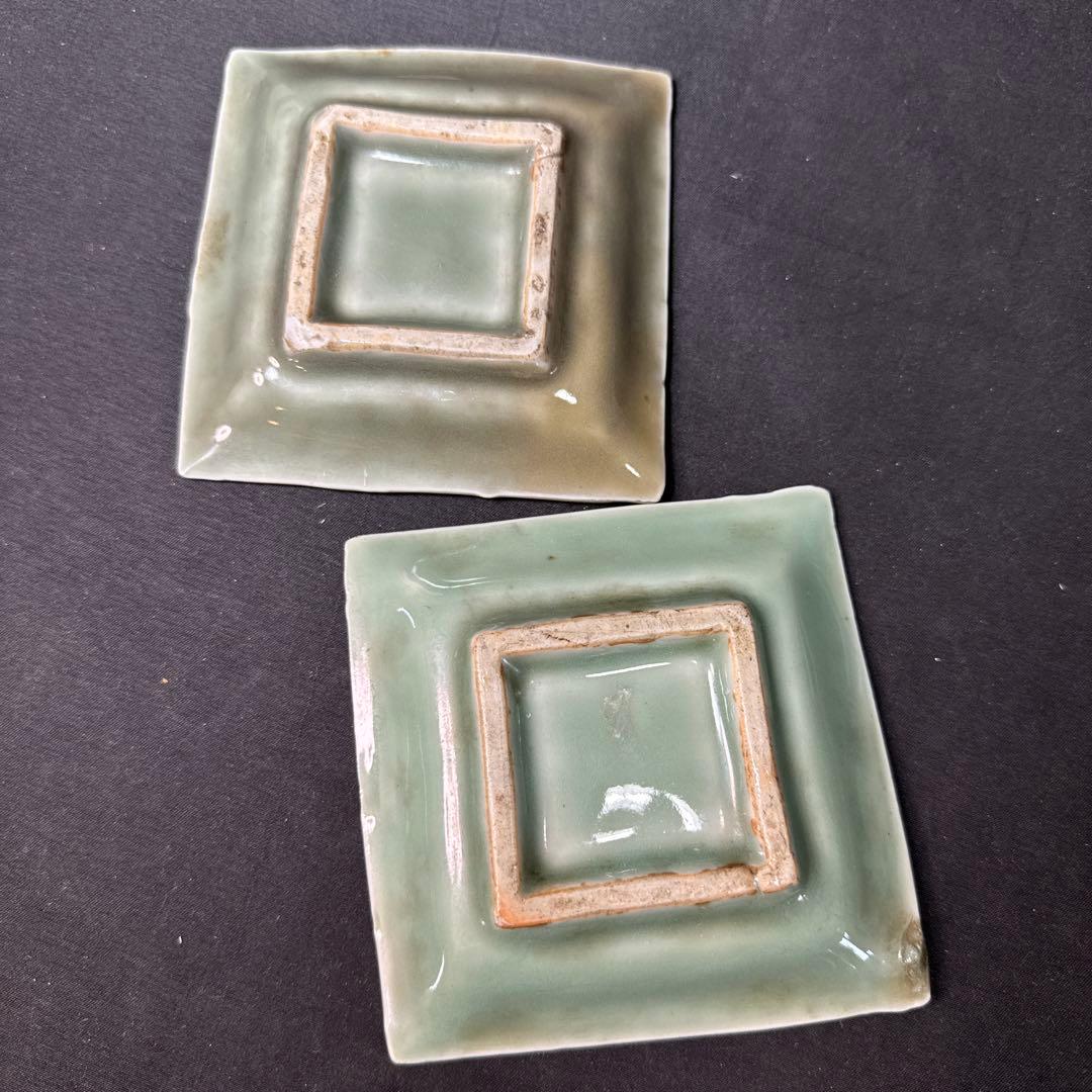 G26 送料無料　三田青磁　鹿の図　角皿　2枚　古美術　和骨董