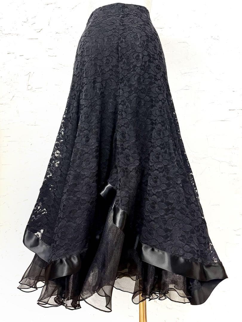 【薔薇レース】新品 社交ダンス用裾サテンテープ 黒ロングフレアスカートb502