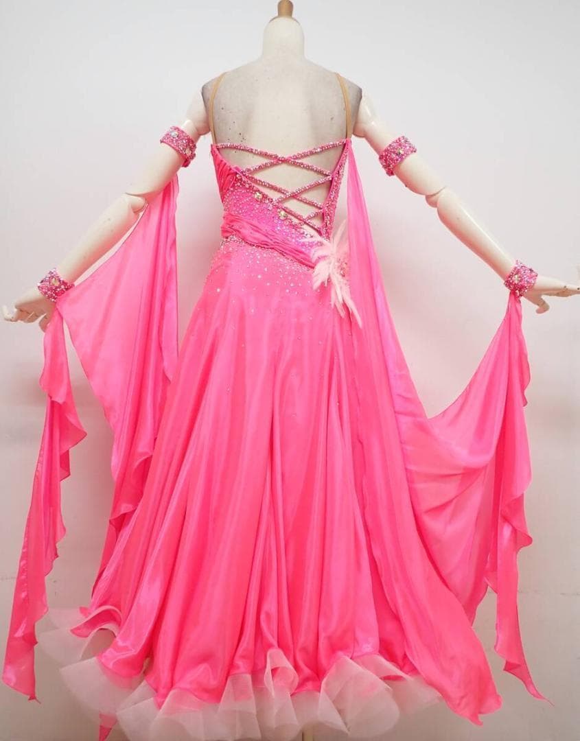 B1580【チャコット】S★ピンク/羽根/スワロ/スタンダードドレス☆社交ダンス