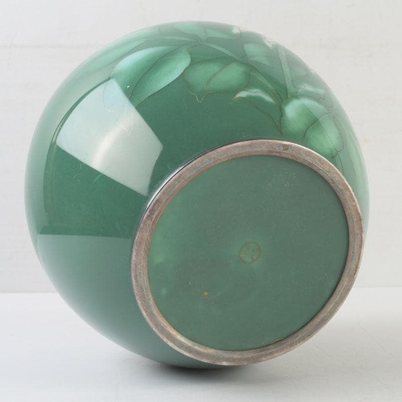 七宝焼　安藤七宝店　純銀刻印　緑釉　花文　花瓶　V　9659