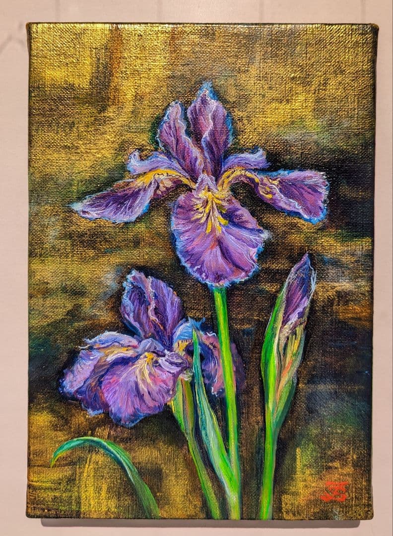 油絵絵画「あやめ」油絵　サムホールキャンバス　画家出品　花絵画【額なし】風景画