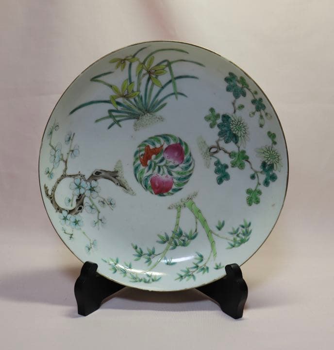 中国　清朝期　粉彩四君子鑑賞大皿② アンティーク　時代箱付0621