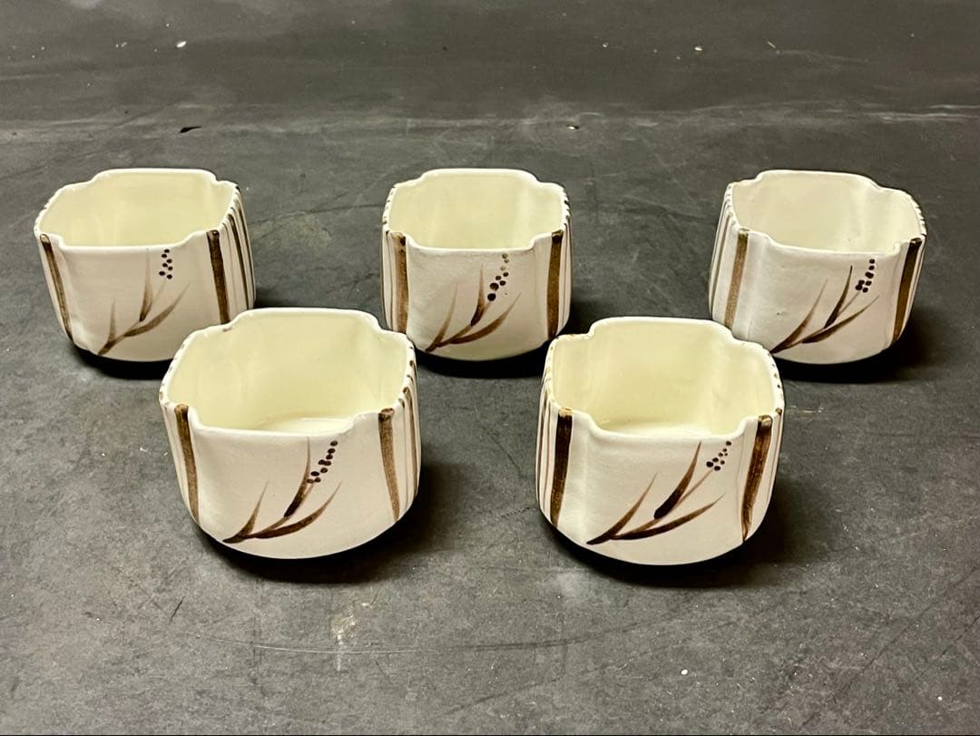 割引❗️【未使用 美品】「母」 三玄窯 中里重利 唐津 絵粉引 向付 5客 C⑦