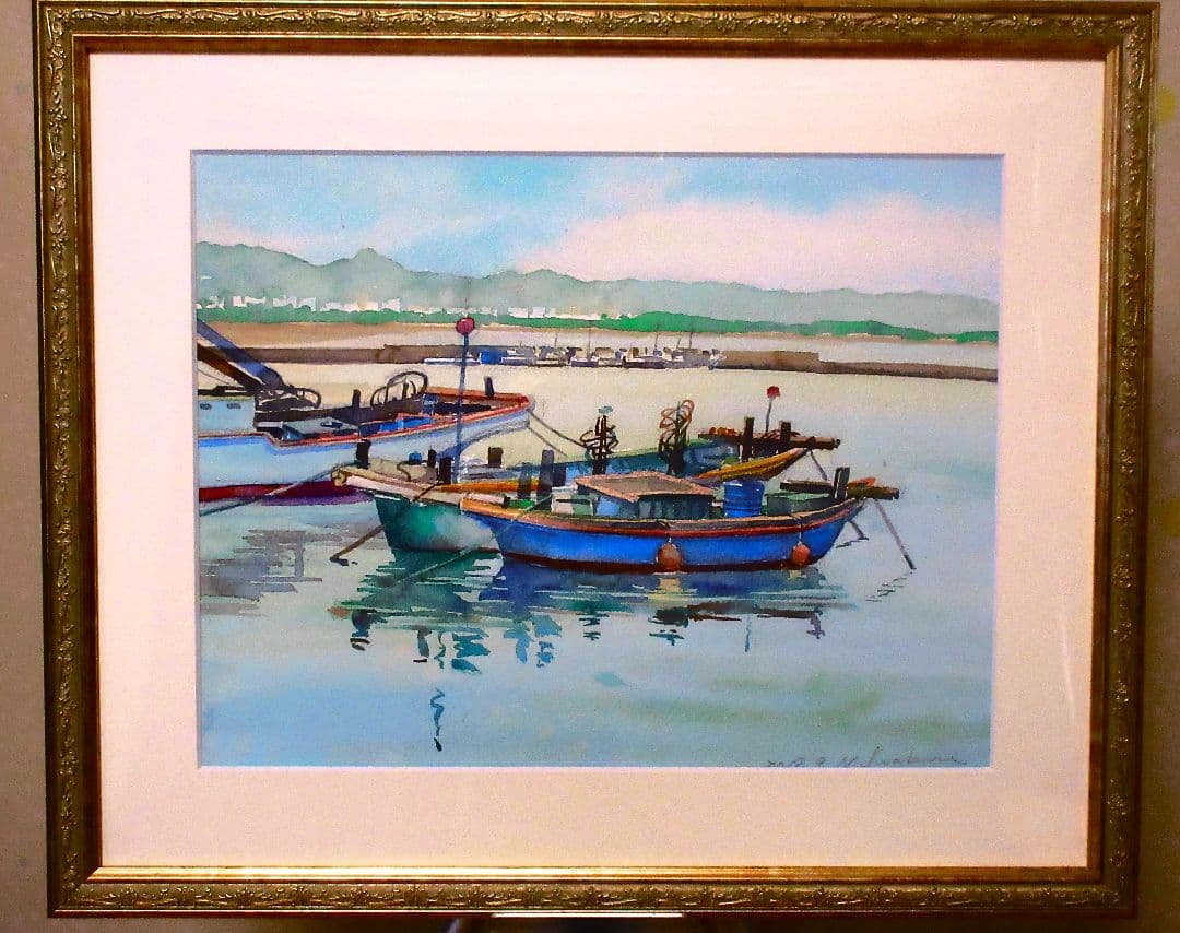 漁船の水彩画額装済み F6サイズ 原画
