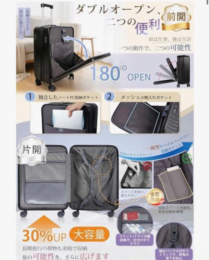 スーツケース mサイズ 軽量 キャリーケース フロントオープン 片開き 前開き