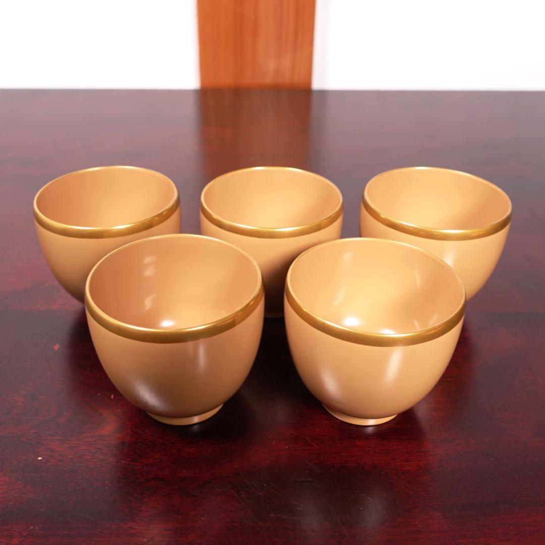 輪島塗 銘苑 千茶荘謹製 白漆 金縁 湯呑 ぐい吞 5客 共箱