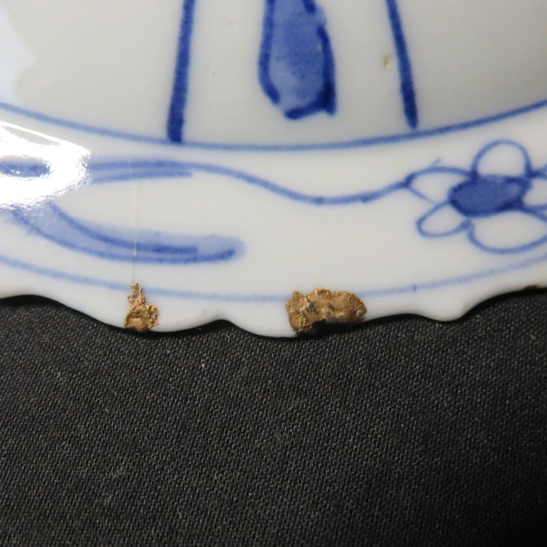 染付 小皿 皿 古伊万里 飛蝗文様 江戸 歪み 欠け 芙蓉手 A傷少な目