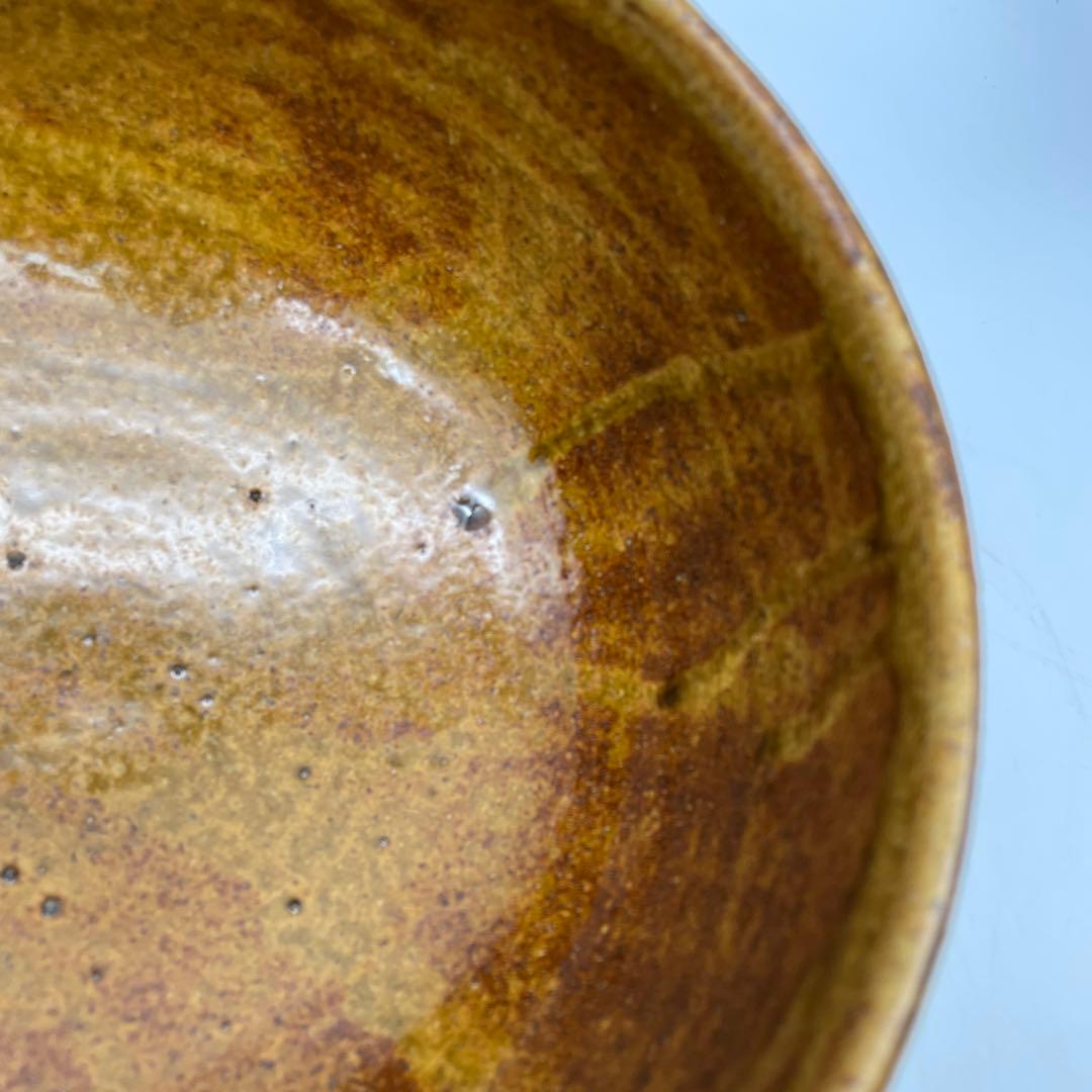 鳥取民藝　中井窯　牛ノ戸焼　波状模様の茶色陶器ボウル　足つき深鉢