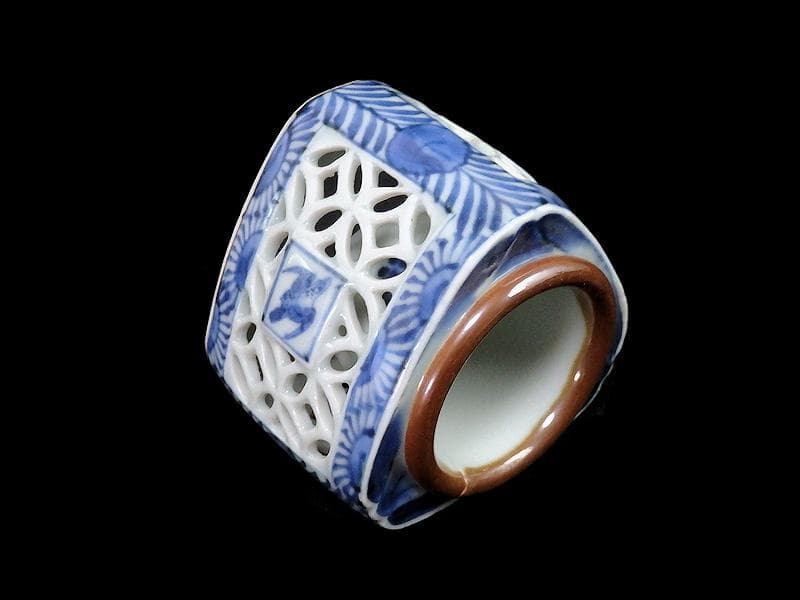 古伊万里　染付　透かし　七宝紋に鳥の図　盃台　E474AS-CGk