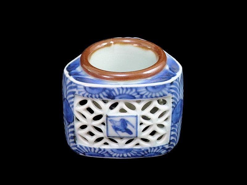 古伊万里　染付　透かし　七宝紋に鳥の図　盃台　E474AS-CGk