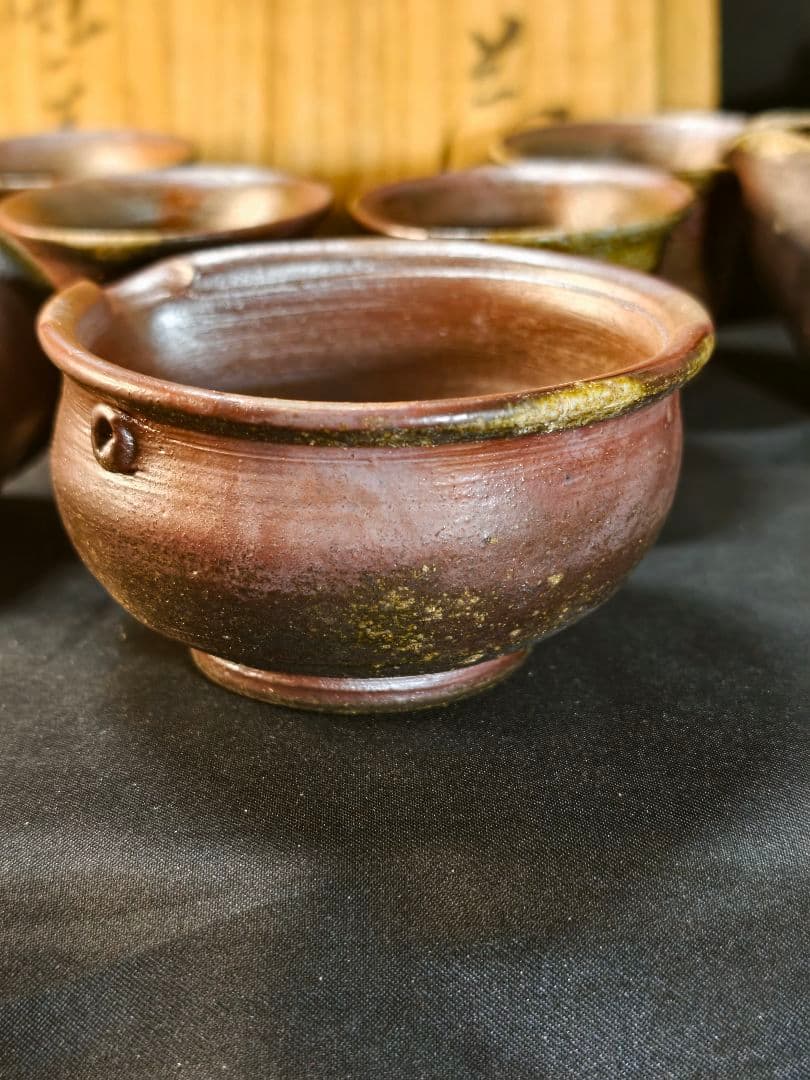 煎茶道具 備前焼 窯変宝瓶急須 奥本健一造 共箱 湯冷まし 湯呑み 火襷 胡麻