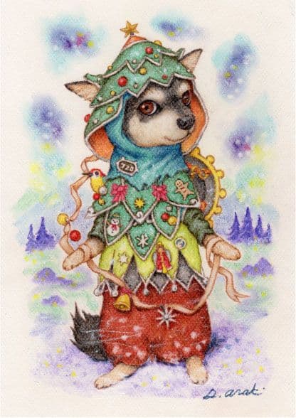 【原画】『クリスマスの鎧』（犬　絵画　パステル画　チワワ）