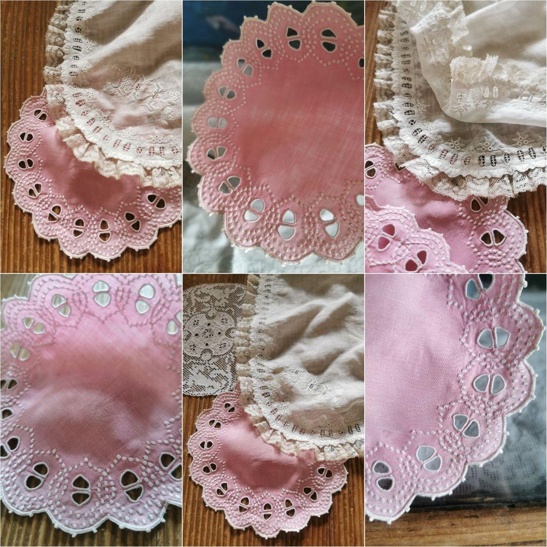 アンティーク フランス コーラルピンク オープンカットワーク＆白糸刺繍ドイリー