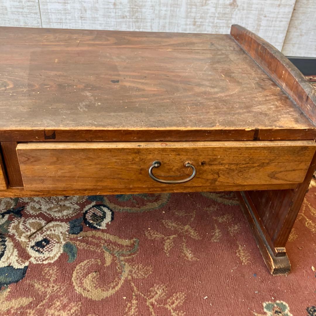 昭和レトロ アンティーク 古家具 木製文机 引き出し付き座卓 書斎机 無垢材