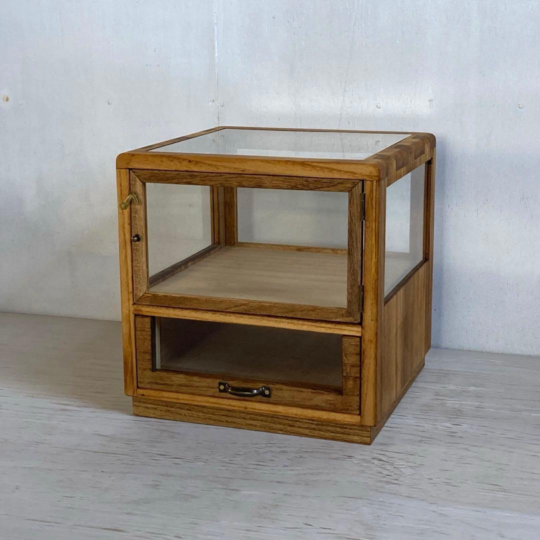 g314 木製ガラスケース 引き出し付き 卓上 ショーケース 小物入れ