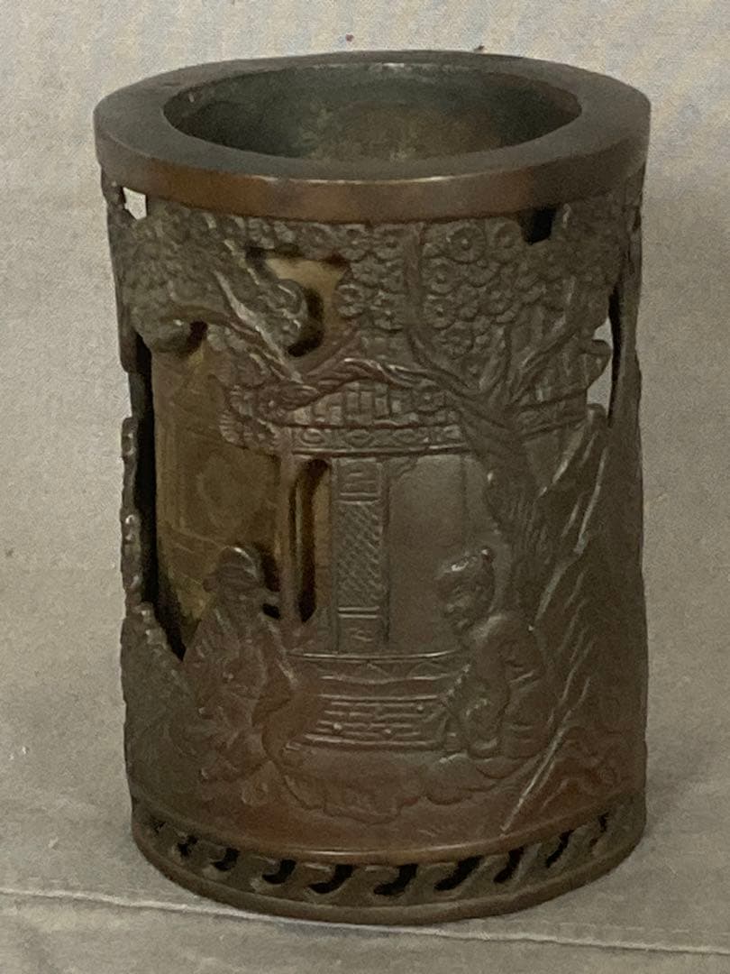 中国美術 古玩 古銅 細密 山水筆筒 書道具 唐物 透彫