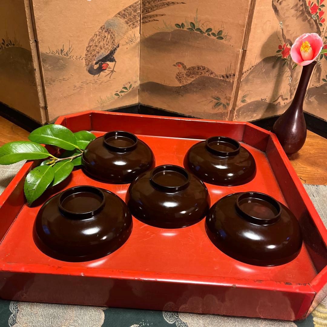 A914 木製輪島塗　潤み色　隠し絵蒔絵　閑古鳥蒔絵　鶏　5客