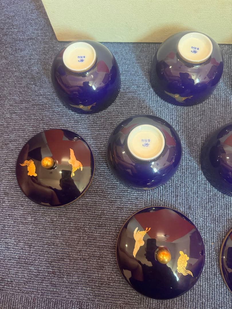 1882 香蘭社　瑠璃鶴亀　湯呑蓋付　5客　金彩　未使用