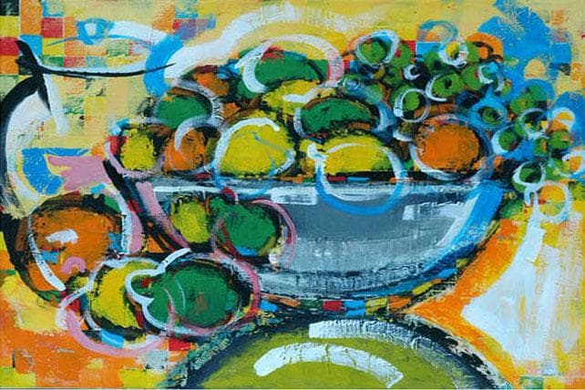 油絵 菅家令子絵 絵画インテリア額付(黒) uF6-061604果物 花瓶