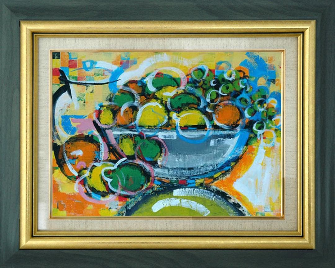 油絵 菅家令子絵 絵画インテリア額付(黒) uF6-061604果物 花瓶