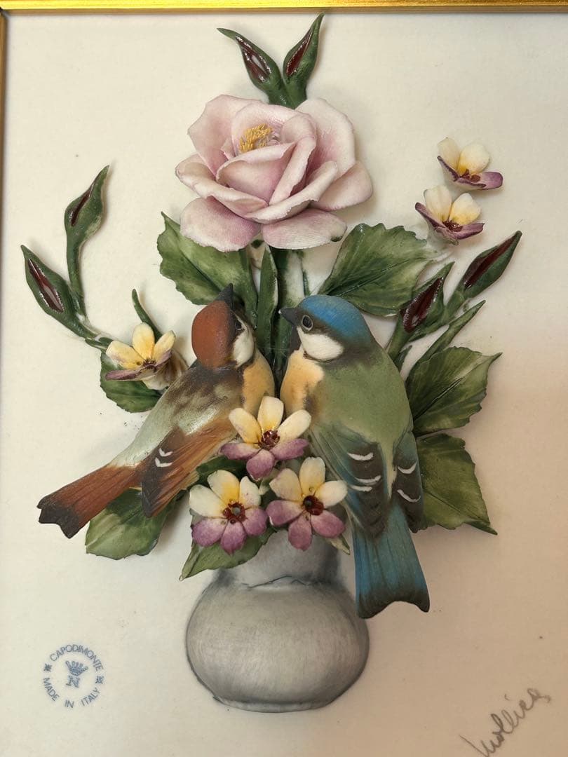 カポディモンテ　イタリア　オブジェ　置物　陶花　小鳥
