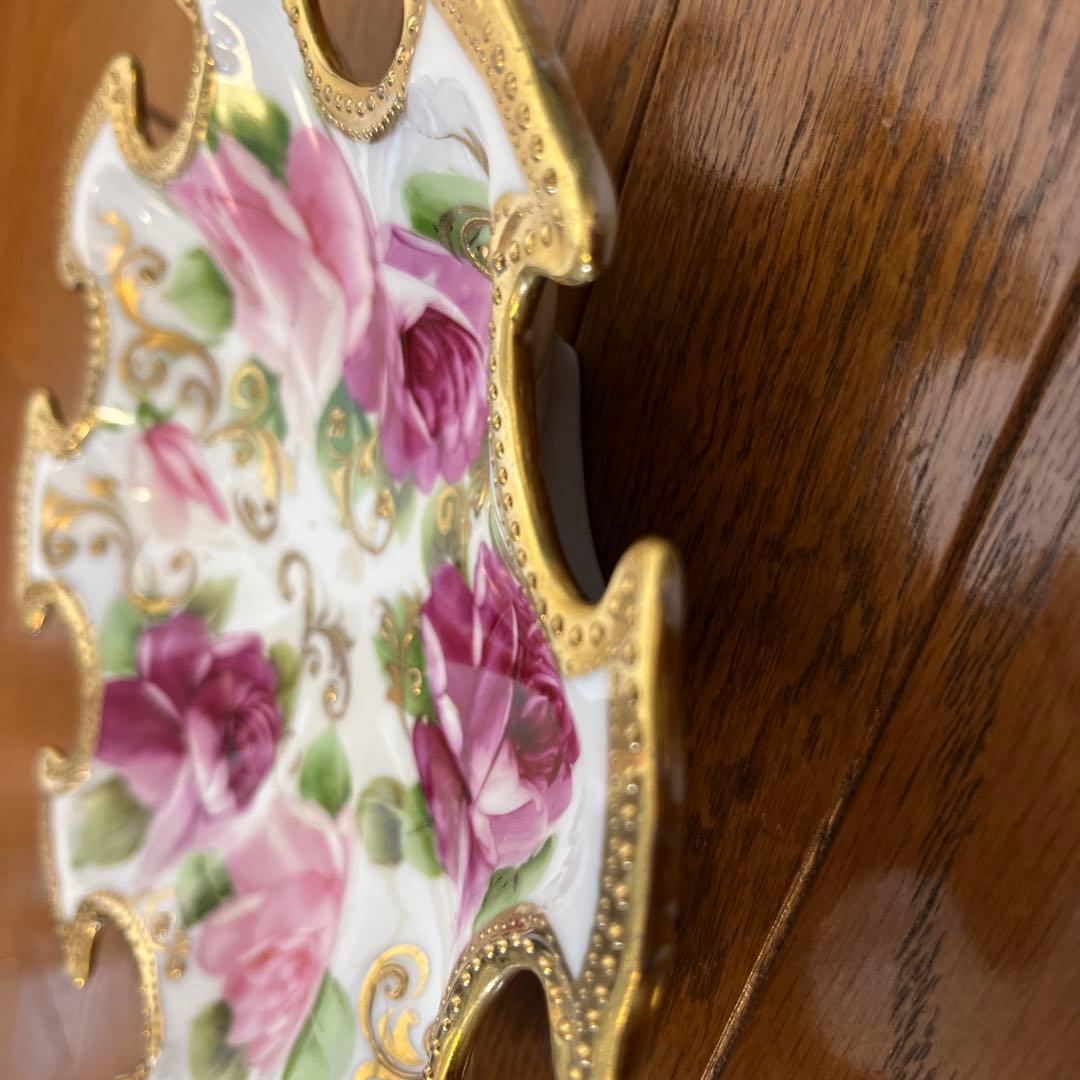 期間限定最終処分特価オールドノリタケメープル裏印変形ボール　金点盛り薔薇の絵の美