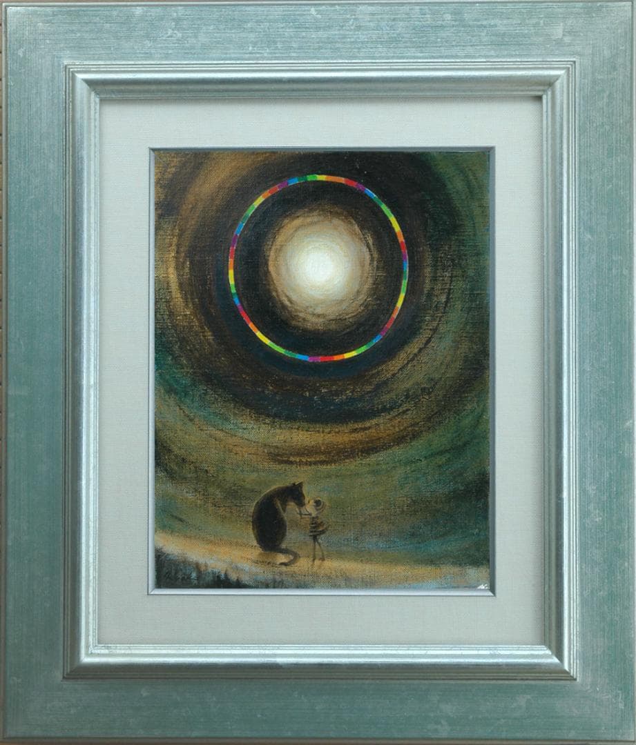 油絵 菅家令子 絵 絵画インテリア額付(銀) F3-051821祈り犬猫 女の子