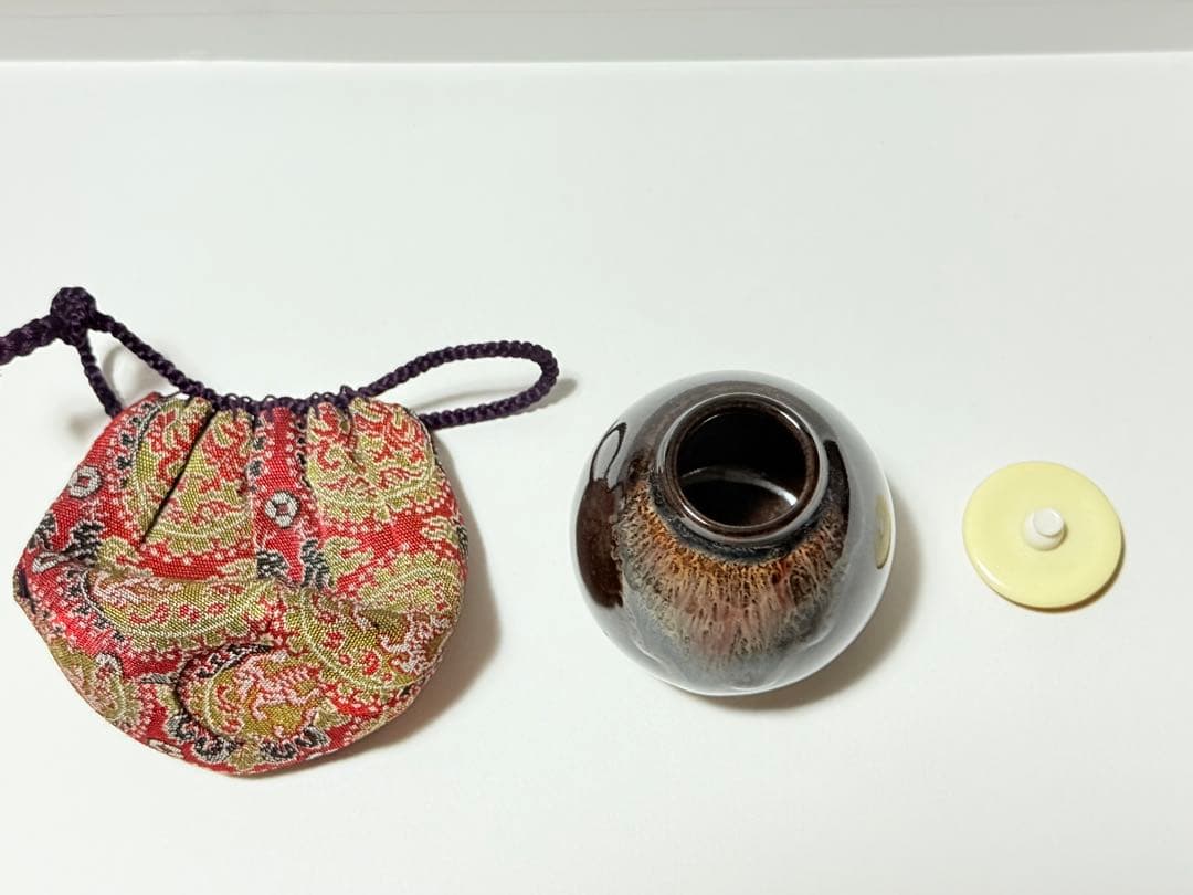 唐物　茄子茶入 茶器 茶入 陶器 茶道具 仕覆付　龍村美術織物製、円文白虎朱雀錦