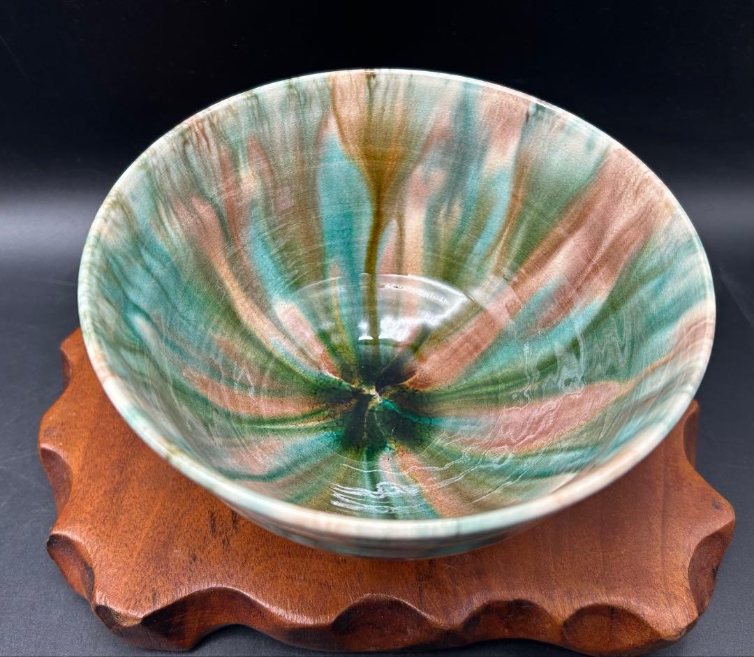 陶器　長崎　三彩　茶碗　印あり