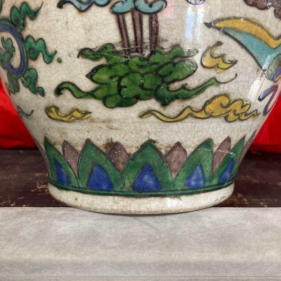 中国　色絵　三耳壺　鳳凰図