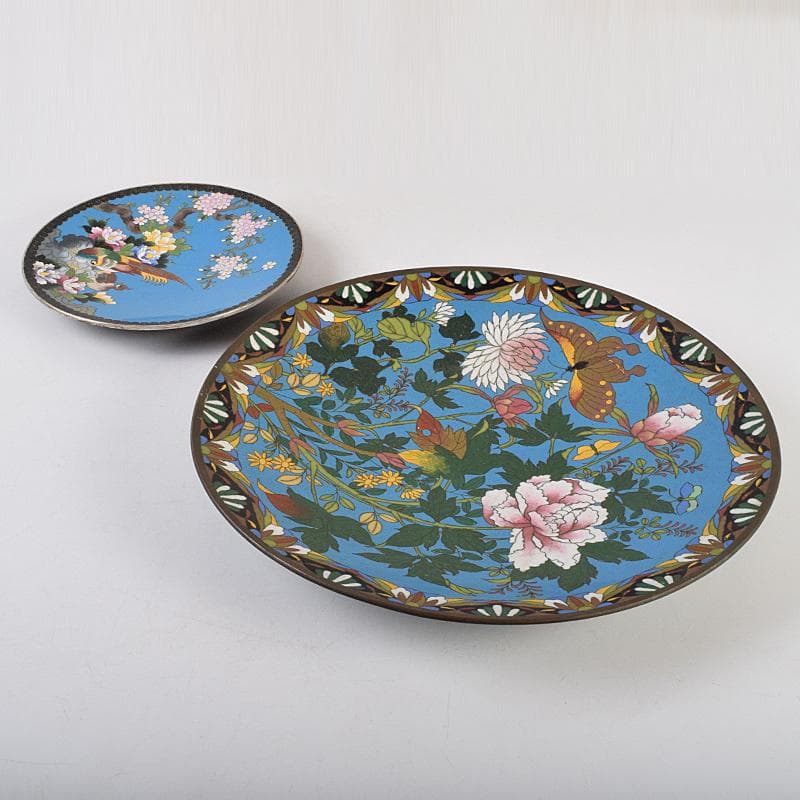 中国　古七宝琺瑯彩　七宝焼　安藤七宝店　盤　皿　2点　時代箱付　M　R9532B