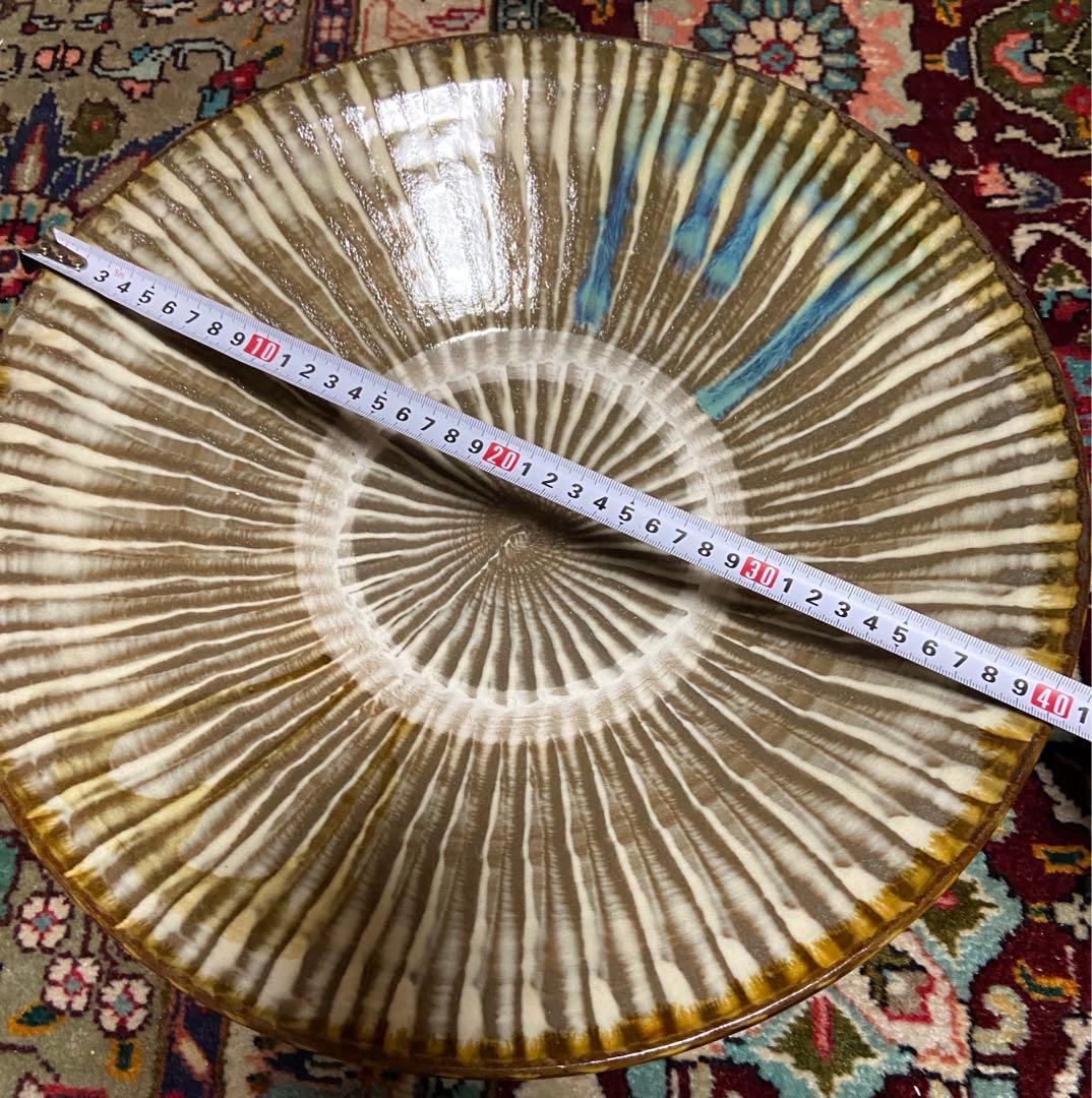 黒木釜　小鹿田焼　大皿　唐臼　飛び鉋　刷毛目　釉薬二色がけ　美品　窯元購入