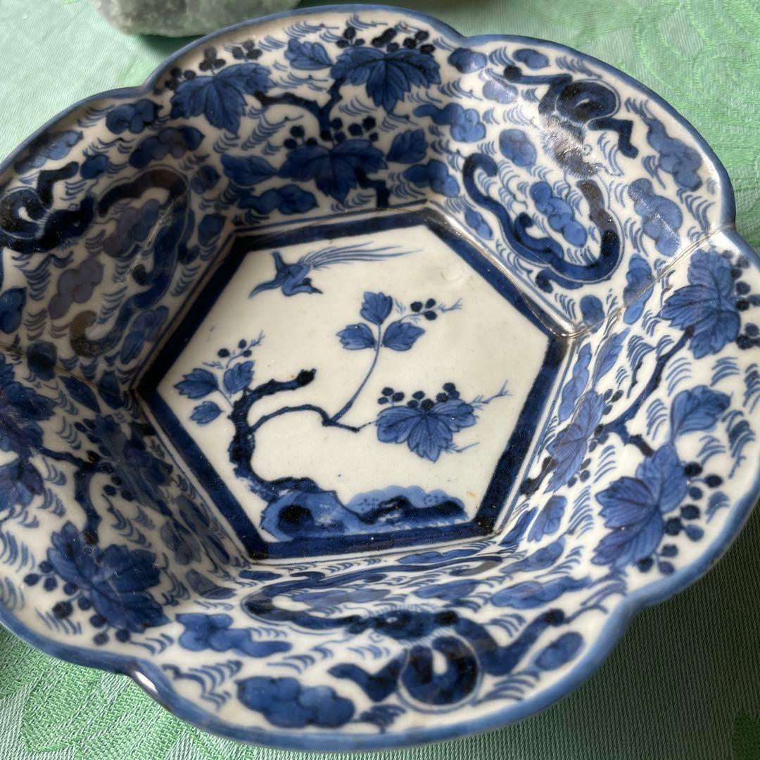 古伊万里　染付　桐　鳳凰　龍　変形皿　2客